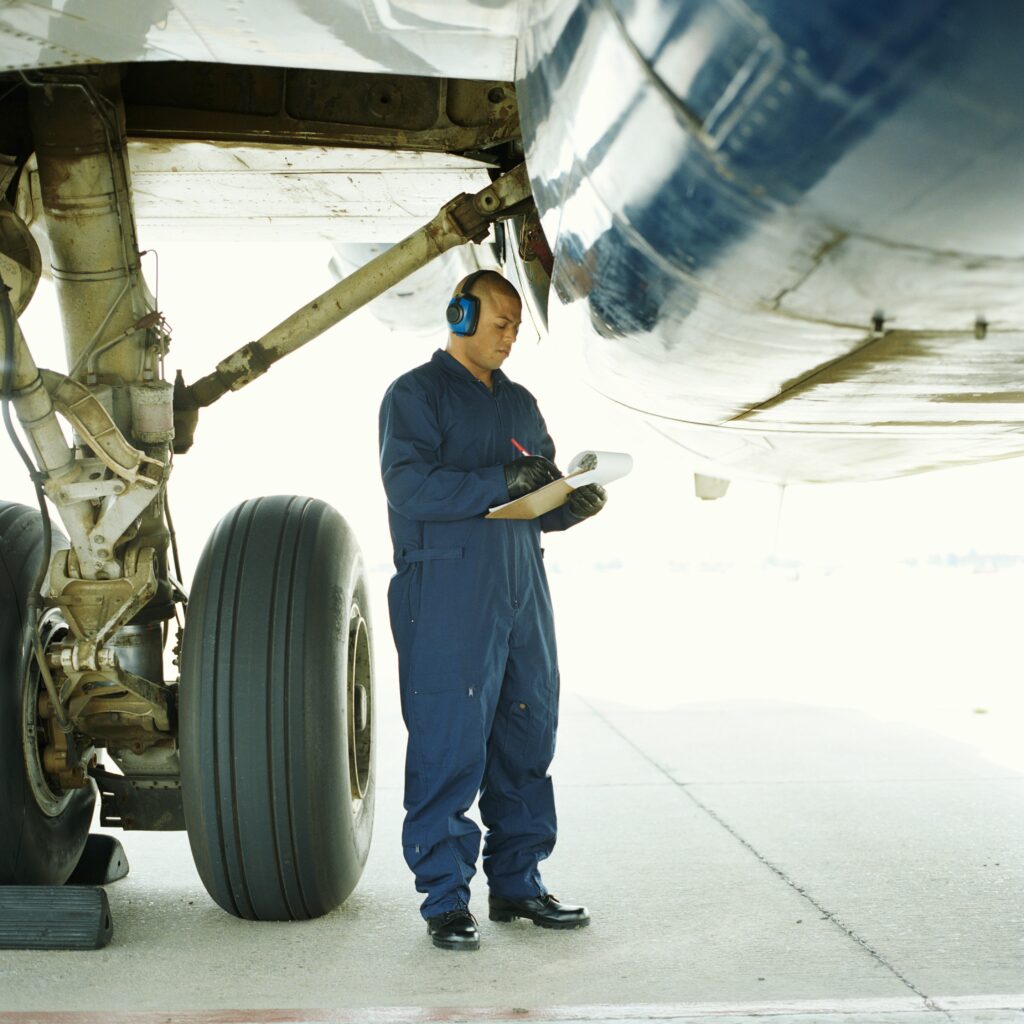 man wearing blue overalls standing next to large airplane